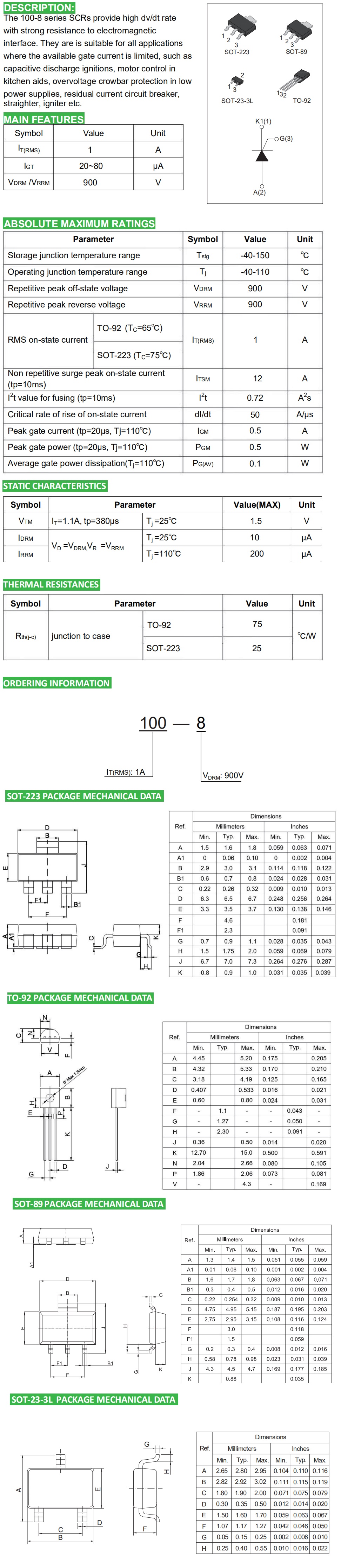 Description,Main Features,Absolute Maximum Ratings,Static Characteristics,Thermal Resistances,Ordering Information.SOT-233 Package Mechanical Data,TO-92 Package Mechanical Data,SOT-89 Package Mechanical Data,SOT-23-3L Package Mechanical Data